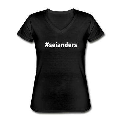 Frauen-T-Shirt mit V-Ausschnitt: Sei anders (#seianders) - Schwarz