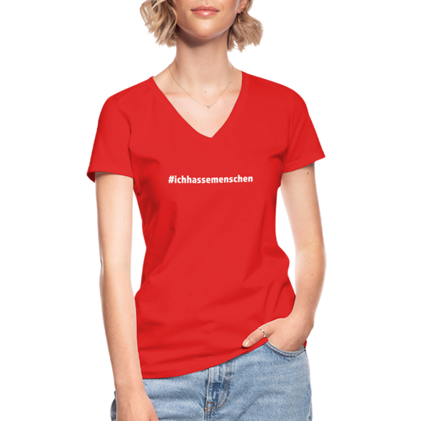 Frauen-T-Shirt mit V-Ausschnitt: Ich hasse Menschen (#ichhassemenschen) - Rot