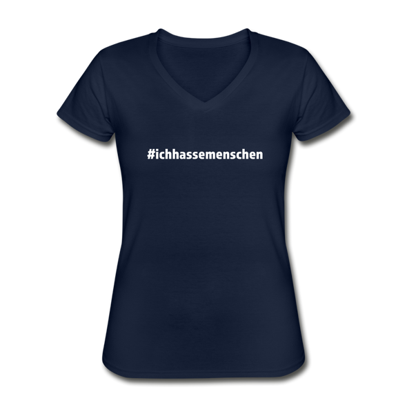Frauen-T-Shirt mit V-Ausschnitt: Ich hasse Menschen (#ichhassemenschen) - Navy