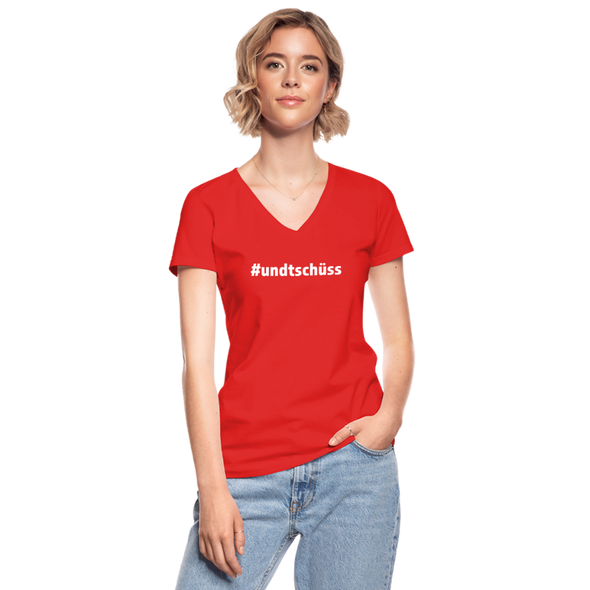 Frauen-T-Shirt mit V-Ausschnitt: Und Tschüss (#undtschüss) - Rot