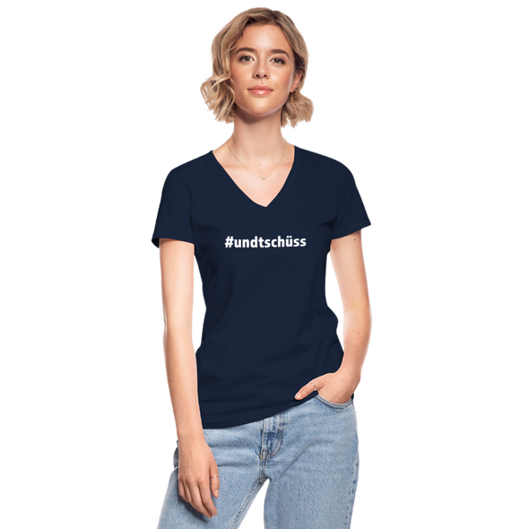 Frauen-T-Shirt mit V-Ausschnitt: Und Tschüss (#undtschüss) - Navy