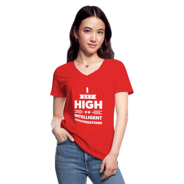 Frauen-T-Shirt mit V-Ausschnitt: I get high on … - Rot