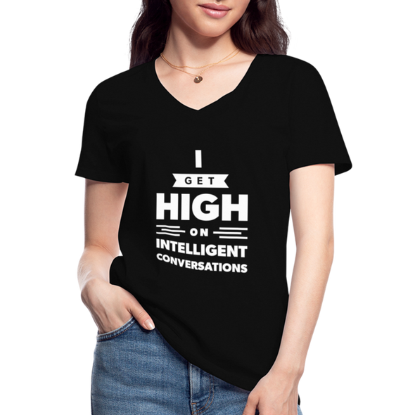 Frauen-T-Shirt mit V-Ausschnitt: I get high on … - Schwarz