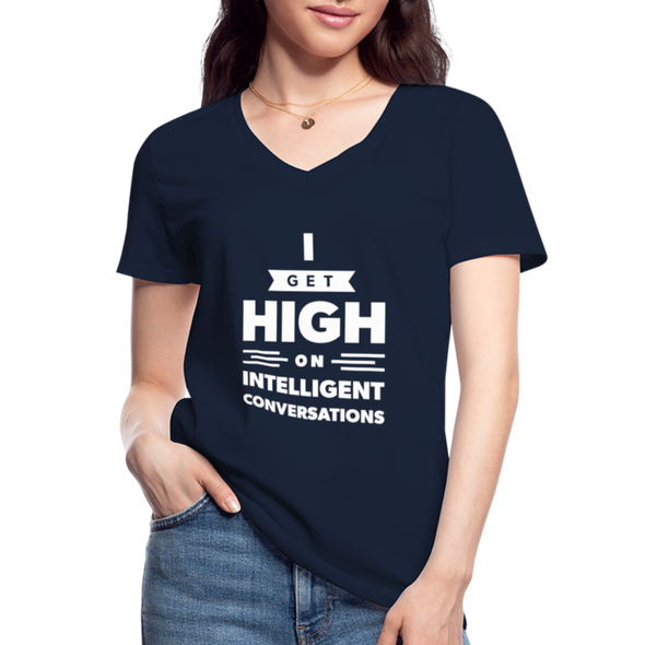 Frauen-T-Shirt mit V-Ausschnitt: I get high on … - Navy